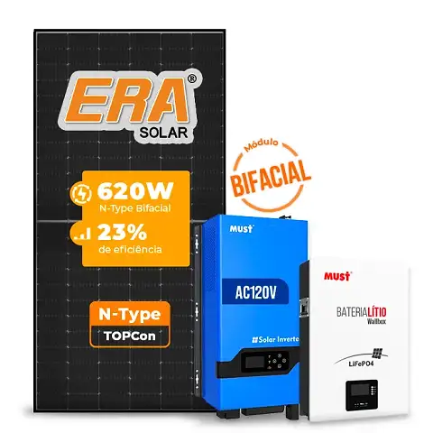 Gerador de Energia Solar Off Grid Interativo Must Telhado Cerâmico Gancho SGF 4,96KWP ERA BLACK 620W PV29 LHP 5KW AC120V DC48V BAT. LITIO
