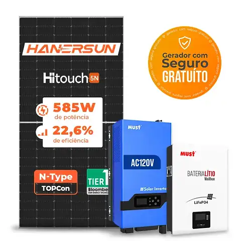 Gerador de Energia Solar Off Grid Interativo Must Telhado Fibro Parafuso Metal SGF 2,34KWP HANERSUN MONO 585W LVHM 2KW AC120V DC48V