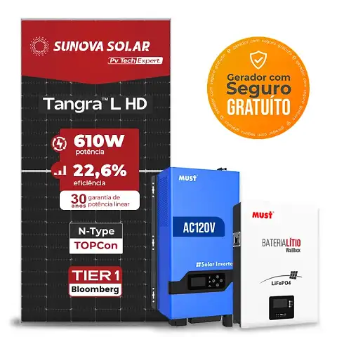 Gerador de Energia Solar Off Grid Interativo Must Telhado Metálico Perfil 55cm Mini SGF 4,88KWP SUNOVA N-TYPE MONO 610W LVHM 3KW AC120V DC48V