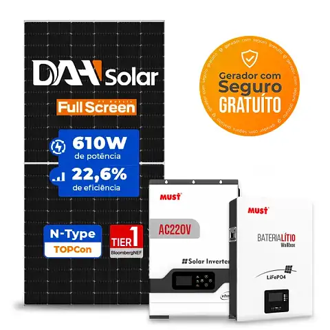 Gerador de Energia Solar Off Grid Interativo Must Telhado Metálico Perfil 55cm Mini SGF 4,88KWP DAH SOLAR 610W VHM 3KW AC220V DC48V