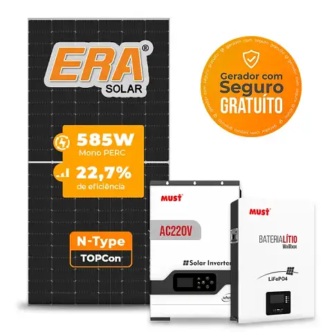 Gerador de Energia Solar Off Grid Interativo Must Telhado Fibro Parafuso Metal SGF 2,34KWP ERA 585W VHM 2KW AC220V DC48V BAT. LITIO 2.56KWH 50A