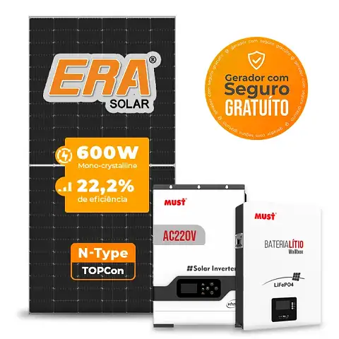 Gerador de Energia Solar Off Grid Interativo Must Telhado Fibro Parafuso Metal SGF 3,6KWP ERA 600W VHM 3KW AC220V DC48V BAT. LITIO 5.12KWH 100A