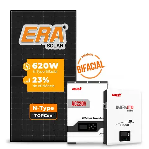 Gerador de Energia Solar Off Grid Interativo Must Telhado Cerâmico Gancho SGF 7,44KWP ERA BLACK 620W PV29 HP 5KW AC220V DC48V BAT. LITIO