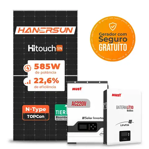 Gerador de Energia Solar Off Grid Interativo Must Telhado Metálico Perfil 55cm Mini SGF 2,34KWP HANERSUN MONO 585W VHM 2KW AC220V DC48V