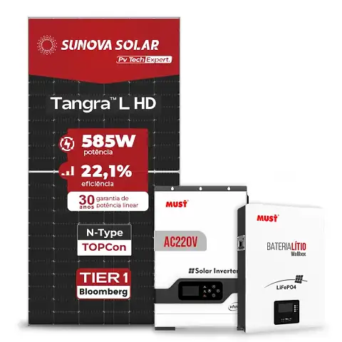 Gerador de Energia Solar Off Grid Interativo Must Telhado Fibro Parafuso Metal SGF 3,51KWP SUNOVA 585W VHM 3KW AC220V DC48V BAT. LITIO 5.12KWH 100A