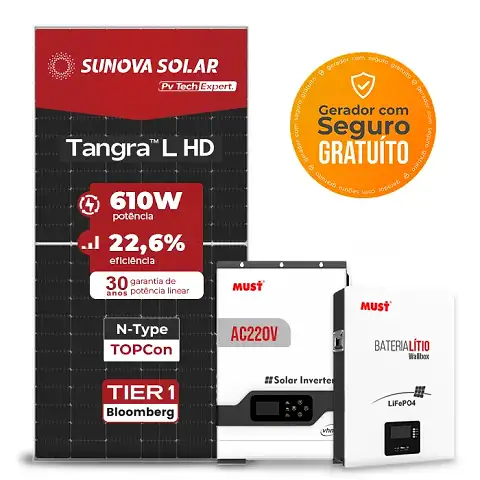 Gerador de Energia Solar Off Grid Interativo Must Telhado Metálico Perfil 55cm Mini SGF 2,44KWP SUNOVA N-TYPE MONO 610W VHM 2KW AC220V DC48V