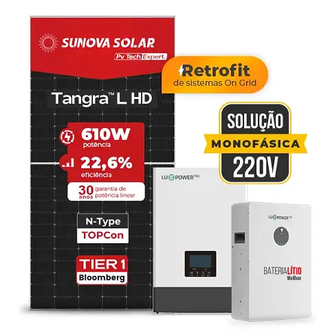 Gerador de Energia Solar Retrofit Luxpower Sem Estrutura SGF 1,22KWP SUNOVA 610W WPV 5KW AC 220 MONO DC48V BAT. LITIO 5,12kWh
