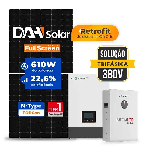 Gerador de Energia Solar Retrofit Luxpower Sem Estrutura SGF 3,66KWP DAH 610W WPV 5KW AC TRIF. 380V DC48V BAT. LITIO 20,48kWh