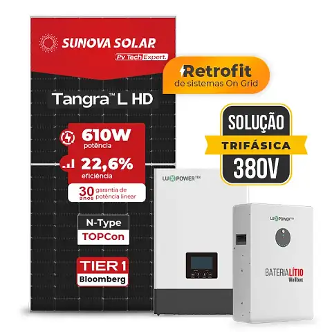 Gerador de Energia Solar Retrofit Luxpower Sem Estrutura SGF 3,66KWP SUNOVA 610W WPV 5KW AC TRIF. 380V DC48V BAT. LITIO 20,48kWh