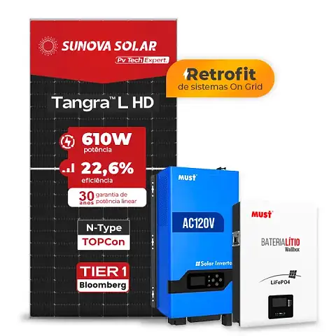 Gerador de Energia Solar Retrofit Must Sem Estrutura SGF 1,22KWP SUNOVA 610W PV29 LHP 5KW AC120V DC48V BAT. LITIO 5.12KWH 100A