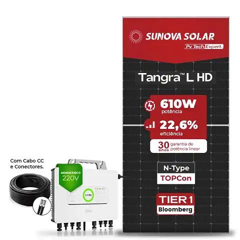 Gerador de Energia Solar Microinversor SAJ Telhado Fibro Parafuso Madeira SGF 13,42KWP SUNOVA N-TYPE MONO 610W M2 2.25KW 4MPPT MONO 220V COM CABO 