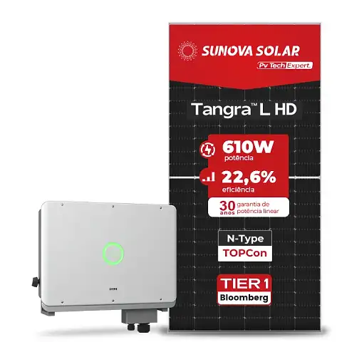 Gerador de Energia Solar On Grid SAJ Telhado Metálico Mini Trilho SGF 41,48KWP SUNOVA N-TYPE MONO 610W SAJ T3 30KW 2MPPT TRIF 380V