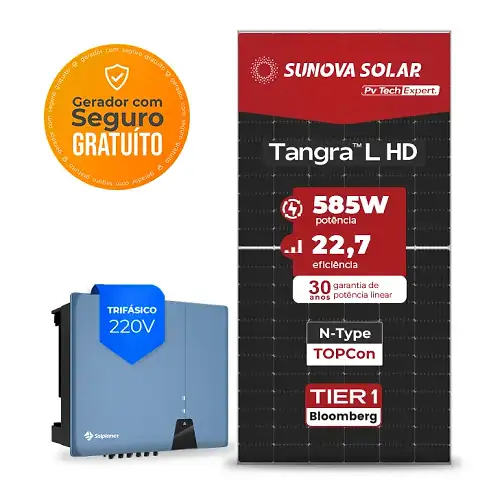 Gerador de Energia Solar On Grid Solplanet Solo Mesa 8 Painéis SGF 21,06KWP SUNOVA N-TYPE MONO 585W ASW 20KW 3MPPT TRIF 220V
