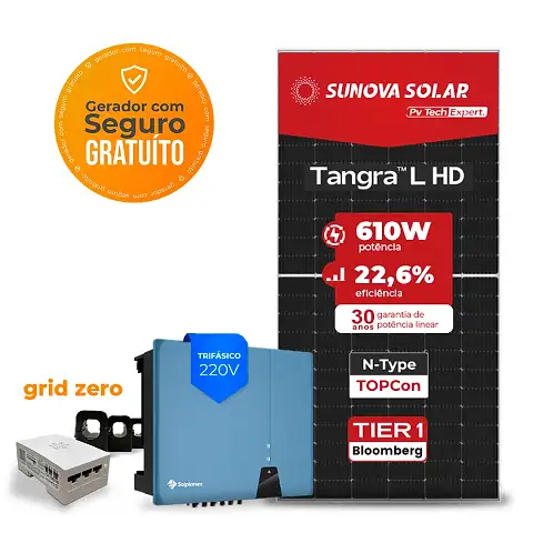 Gerador de Energia Solar Grid Zero Solplanet Telhado Fibro Parafuso Metal SGF 34,16KWP SUNOVA N-TYPE MONO 610W ASW 30KW 4MPPT TRIF 220V