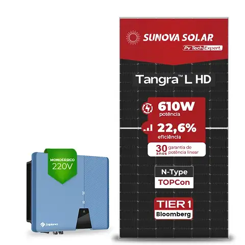 Gerador de Energia Solar On Grid Solplanet Telhado Fibro Parafuso Metal SGF 3,05KWP SUNOVA N-TYPE MONO 610W ASW 3KW 2MPPT MONO 220V