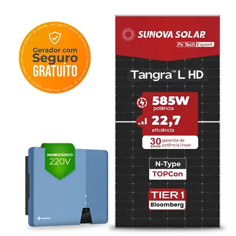 Gerador de Energia Solar On Grid Solplanet Solo Mesa 8 Painéis SGF 9,36KWP SUNOVA N-TYPE MONO 585W ASW 8KW 3MPPT MONO 220V