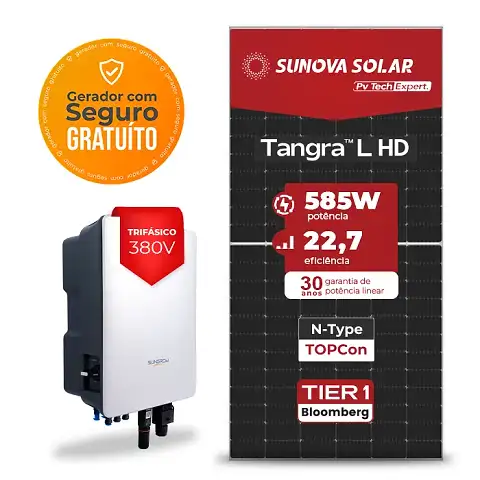 Gerador de Energia Solar On Grid Sungrow Sem Estrutura SGF 12,87KWP SUNOVA N-TYPE MONO 585W SG 12KW 2MPPT TRIF 380V
