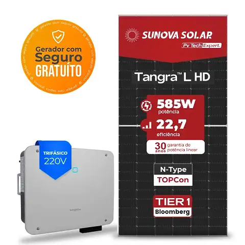 Gerador de Energia Solar On Grid Sungrow Telhado Fibro Parafuso Madeira SGF 163,8KWP SUNOVA N-TYPE MONO 585W SG P2-LV 25KW 3MPPT TRIF 220V