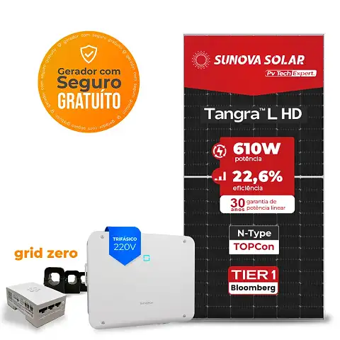 Gerador de Energia Solar Grid Zero Sungrow Telhado Fibro Parafuso Metal SGF 36,60KWP SUNOVA N-TYPE MONO 610W SG P2-LV 25KW 3MPPT TRIF 220V