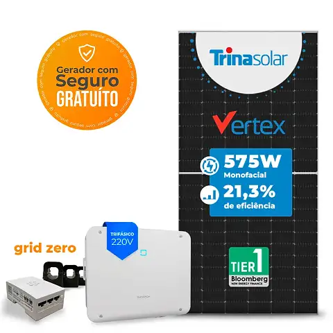 Gerador de Energia Solar Grid Zero Sungrow Telhado Fibro Parafuso Metal SGF 34,50KWP TRINA VERTEX 575W SG P2-LV 25KW 3MPPT TRIF 220V