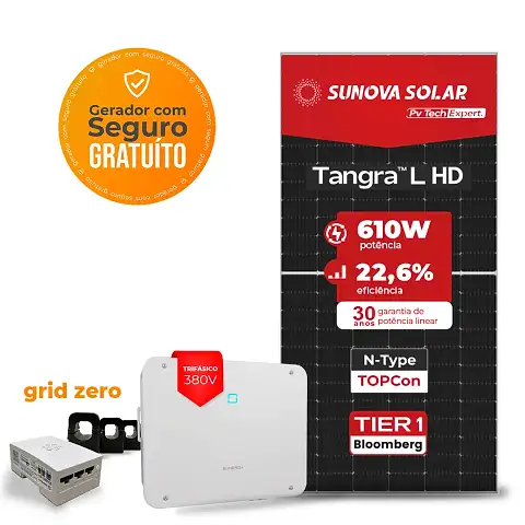 Gerador de Energia Solar Grid Zero Sungrow Telhado Fibro Parafuso Madeira SGF 31,72KWP SUNOVA N-TYPE MONO 610W SG P2 25KW 3MPPT TRIF 380V