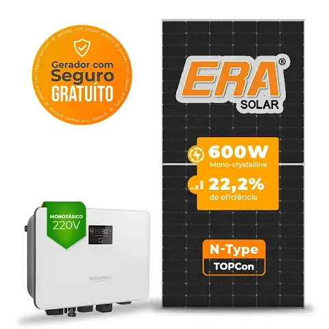 Gerador de Energia Solar On Grid Sungrow Telhado Fibro Parafuso Madeira SGF 6,00KWP ERA N-TYPE MONO 600W SG RS-L 4KW 2MPPT MONO 220V