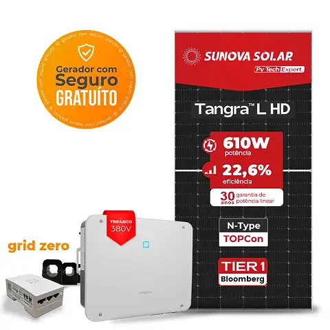 Gerador de Energia Solar Grid Zero Sungrow Telhado Metálico Perfil 55cm Mini SGF 34,16KWP SUNOVA N-TYPE MONO 610W SG P2 30KW 3MPPT TRIF 380V