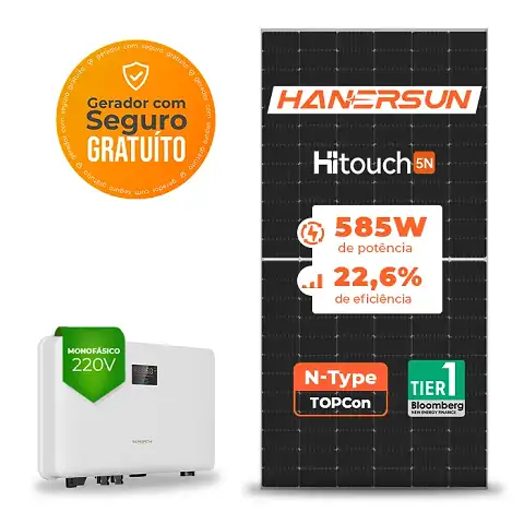 Gerador de Energia Solar On Grid Sungrow Solo Mesa 8 Painéis SGF 7,02KWP HANERSUN MONO 585W SG RS-L 6KW 2MPPT MONO 220V