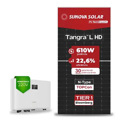 Gerador de Energia Solar On Grid Sungrow Telhado Fibro Parafuso Madeira SGF 5,49KWP SUNOVA N-TYPE MONO 610W SG RS-L 5KW 2MPPT MONO 220V