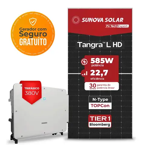 Gerador de Energia Solar On Grid Sungrow Telhado Fibro Parafuso Madeira SGF 1111,5KWP SUNOVA N-TYPE MONO 585W SG P2 75KW 8MPPT TRIF 380V