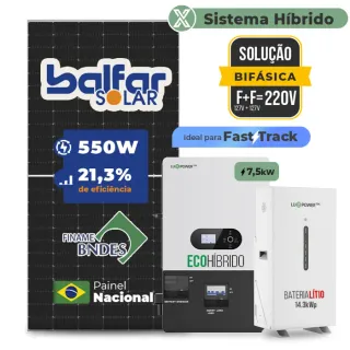 Gerador de Energia Solar Hibrido Luxpower com Bateria Laje Inclinação SGF 7,7KWP FINAME 550W ECO HIBRIDO 7.5KW 220V DC48V BAT. LITIO 14,3kWh