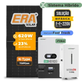 Gerador de Energia Solar Hibrido Luxpower com Bateria Laje Inclinação SGF 7,44KWP ERA BIF 620W ECO HIBRIDO 7.5KW 220V DC48V BAT. LITIO 14,3kWh