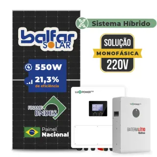 Gerador de Energia Solar Hibrido Luxpower com Bateria Laje Inclinação SGF 7,7KWP FINAME 550W SNA 6KW MONO 220V DC48V BAT. LITIO 5,12kWh