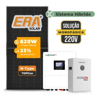 Gerador de Energia Solar Hibrido Luxpower com Bateria Sem Estrutura SGF 7,44KWP ERA BIF 620W SNA 6KW MONO 220V DC48V BAT. LITIO 5,12kWh