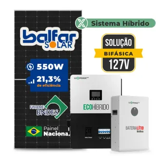 Gerador de Energia Solar Hibrido Luxpower Sem Estrutura SGF 6,6KWP FINAME 550W SNA-BR 5KW-E AC 127 BIFASICO DC48V BAT. LITIO 5,12kWh