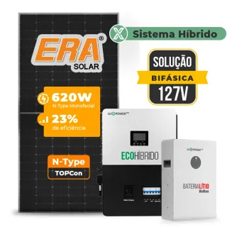 Gerador de Energia Solar Hibrido Luxpower Sem Estrutura SGF 7,44KWP ERA 620W SNA-BR 5KW-E AC 127 BIFASICO DC48V BAT. LITIO 5,12kWh