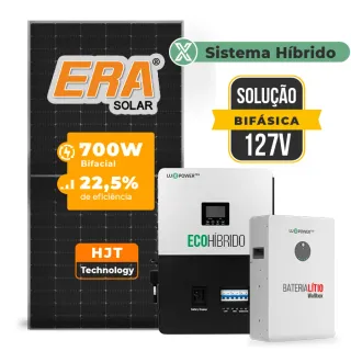 Gerador de Energia Solar Hibrido Luxpower Sem Estrutura SGF 8,4KWP ERA 700W SNA-BR 5KW-E AC 127 BIFASICO DC48V BAT. LITIO 5,12kWh