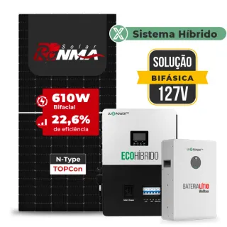 Gerador de Energia Solar Hibrido Luxpower Sem Estrutura SGF 7,32KWP RONMA 610W SNA-BR 5KW-E AC 127 BIFASICO DC48V BAT. LITIO 5,12kWh