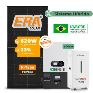Gerador de Energia Solar Hibrido Luxpower com Bateria Sem Estrutura SGF 12,4KWP ERA BLACK 620W ECO HIBRIDO 10KW 220V DC48V BAT. LITIO 14,3kWh