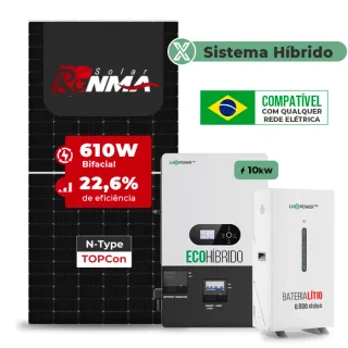 Gerador de Energia Solar Hibrido Luxpower com Bateria Telhado Cerâmico Gancho SGF 12,2KWP RONMA 610W ECO HIBRIDO 10KW 220V DC48V BAT. LITIO 14,3kWh
