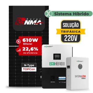 Gerador de Energia Solar Hibrido Luxpower Sem Estrutura SGF 19,52KWP RONMA 610W SNA-BR-E 5KW AC TRIF. 220V DC48V BAT. LITIO 15,36kWh