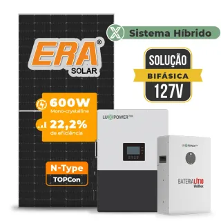 Gerador de Energia Solar Hibrido Luxpower Telhado Cerâmico Gancho SGF 7,2KWP ERA 600W LXP-LB-BR 5KW AC 127 BIFASICO DC48V BAT. LITIO 5,12kWh