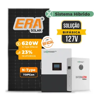 Gerador de Energia Solar Hibrido Luxpower com Bateria Telhado Fibro Parafuso Madeira SGF 14,88KWP ERA BIF 620W LXP-LB-BR 10KW AC 127 BIFASICO DC48V BAT. LITIO 15,36k