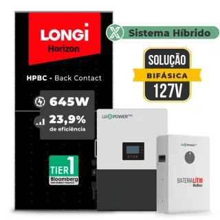 Gerador de Energia Solar Hibrido Luxpower Telhado Fibro Parafuso Metal SGF 15,48KWP LONGI 645W HPBC LXP-LB-US 10KW AC 127 BIFASICO DC48V