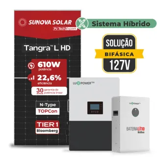 Gerador de Energia Solar Hibrido Luxpower Telhado Cerâmico Gancho SGF 7,32KWP SUNOVA 610W LXP-LB-BR 5KW AC 127 BIFASICO DC48V BAT. LITIO 5,12kWh