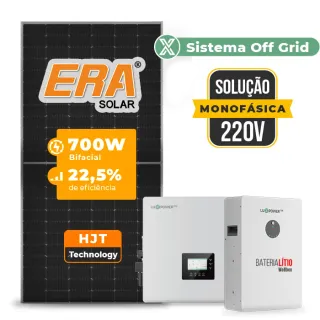 Gerador de Energia Solar Off Grid Interativo Luxpower Sem Estrutura SGF 16,8KWP ERA 700W GEN-LB-EU 10KW AC 220 MONO DC48V BAT. LITIO 15,36kWh
