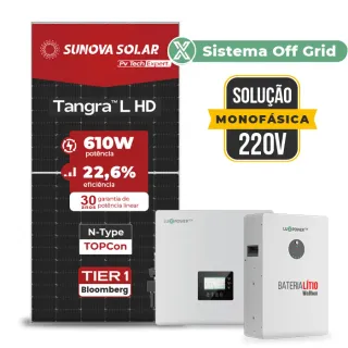 Gerador de Energia Solar Off Grid Interativo Luxpower Telhado Ondulado SGF 14,64KWP SUNOVA 610W GEN-LB-EU 10KW AC 220 MONO DC48V BAT. LITIO 15,36kWh