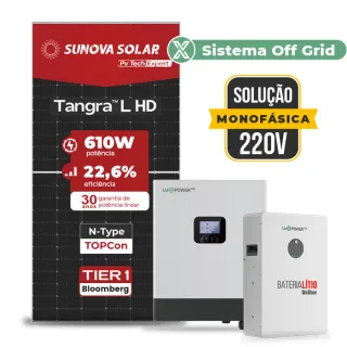 Gerador de Energia Solar Off Grid Interativo Luxpower Telhado Ondulado SGF 7,32KWP SUNOVA 610W GEN-LB-EU 5KW AC 220 MONO DC48V BAT. LITIO 5,12kWh