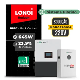 Gerador de Energia Solar Hibrido Luxpower Telhado Fibro Parafuso Metal SGF 7,74KWP LONGI 645W HPBC LXP-LB-BR 5KW AC 220V MONO DC48V