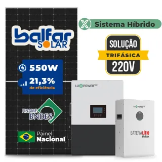 Gerador de Energia Solar Hibrido Luxpower Telhado Metálico Mini Trilho SGF 17,6KWP FINAME 550W LXP-LB-BR 5KW AC TRIF. 220V DC48V BAT. LITIO 15,36kWh